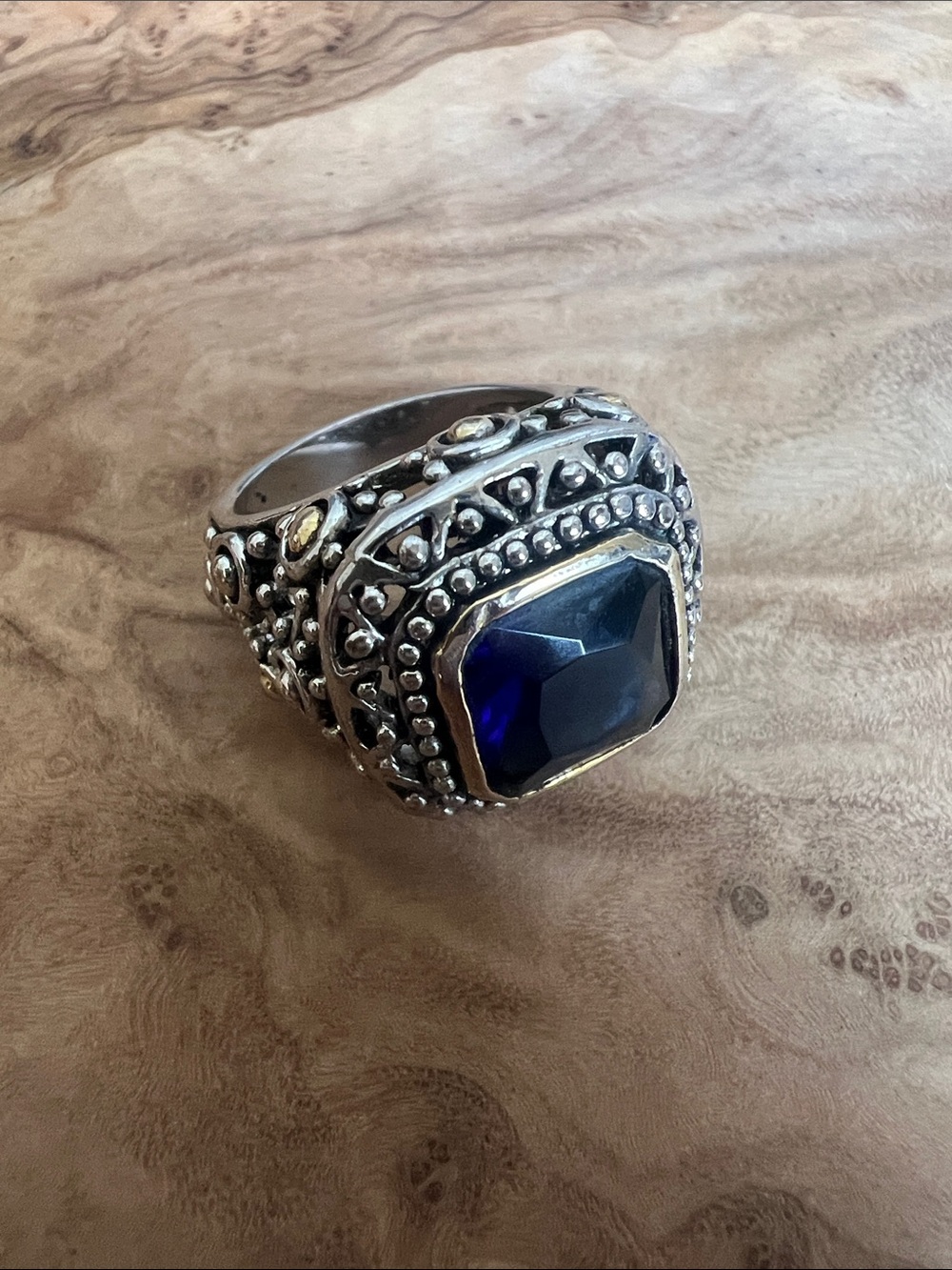 Sterling-Style Women's Silver Ring with Deep Blue Center Stone